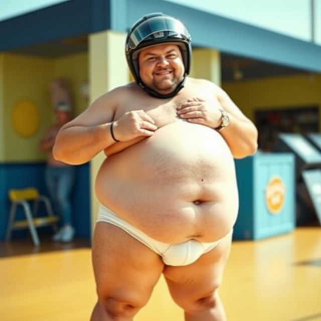 A humorous scene featuring a fat biker with a prominent jiggly belly and a giant jiggly butt, wearing a full face helmet with the visor closed