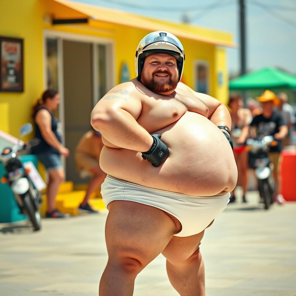 A humorous scene featuring a fat biker with a prominent jiggly belly and a giant jiggly butt, wearing a full face helmet with the visor closed