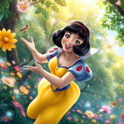 Snow White, with her iconic black bob haircut and classic yellow and blue dress, gracefully flying through a vibrant enchanted forest filled with colorful flowers and sparkling fairy lights