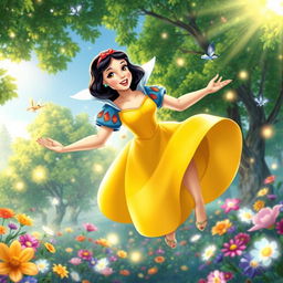 Snow White, with her iconic black bob haircut and classic yellow and blue dress, gracefully flying through a vibrant enchanted forest filled with colorful flowers and sparkling fairy lights