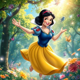 Snow White, with her iconic black bob haircut and classic yellow and blue dress, gracefully flying through a vibrant enchanted forest filled with colorful flowers and sparkling fairy lights