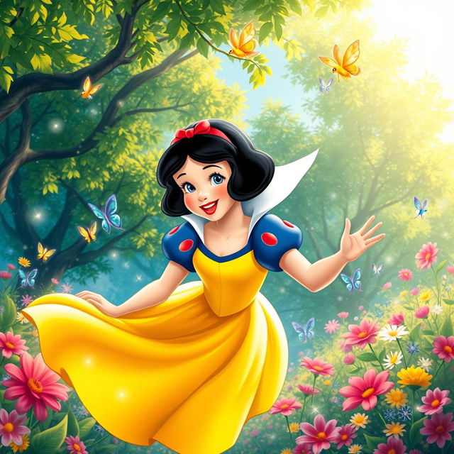 Snow White, with her iconic black bob haircut and classic yellow and blue dress, gracefully flying through a vibrant enchanted forest filled with colorful flowers and sparkling fairy lights