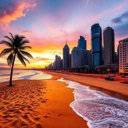 A creative photo merging two different scenes, blending a serene beach at sunset with a bustling city's skyline at dusk