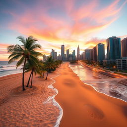 A creative photo merging two different scenes, blending a serene beach at sunset with a bustling city's skyline at dusk