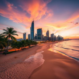 A creative photo merging two different scenes, blending a serene beach at sunset with a bustling city's skyline at dusk