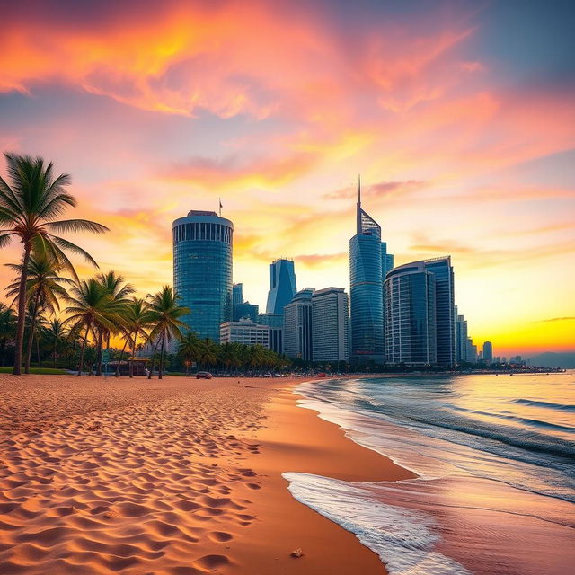 A creative photo merging two different scenes, blending a serene beach at sunset with a bustling city's skyline at dusk