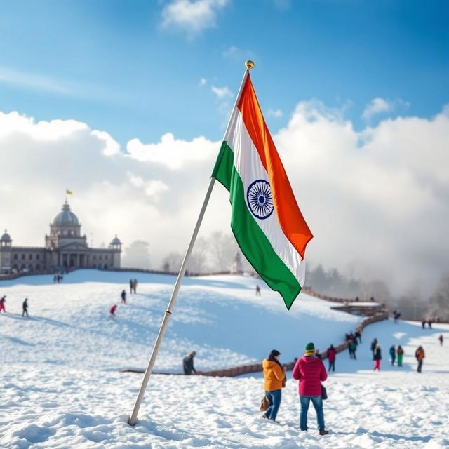 A picturesque scene of the Indian flag waving proudly in the snow on The Ridge in Shimla, Himachal Pradesh