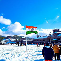 A picturesque scene of the Indian flag waving proudly in the snow on The Ridge in Shimla, Himachal Pradesh