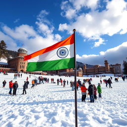 A picturesque scene of the Indian flag waving proudly in the snow on The Ridge in Shimla, Himachal Pradesh