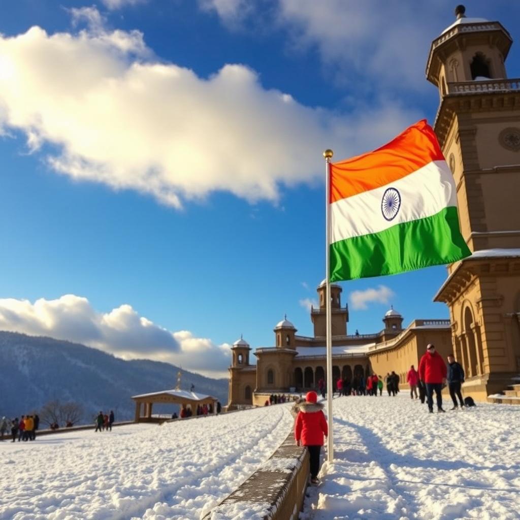 A picturesque scene of the Indian flag waving proudly in the snow on The Ridge in Shimla, Himachal Pradesh