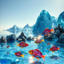 A stunning sea landscape crafted entirely from glass, showcasing a serene body of water made of smooth, reflective glass