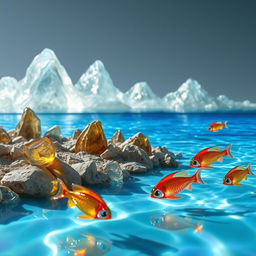 A stunning sea landscape crafted entirely from glass, showcasing a serene body of water made of smooth, reflective glass