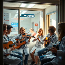 A lively scene featuring a group of emergency doctors enjoying their break in a doctor's rest room
