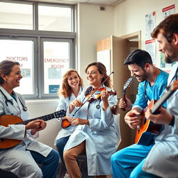 A lively scene featuring a group of emergency doctors enjoying their break in a doctor's rest room