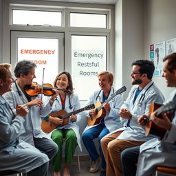 A lively scene featuring a group of emergency doctors enjoying their break in a doctor's rest room