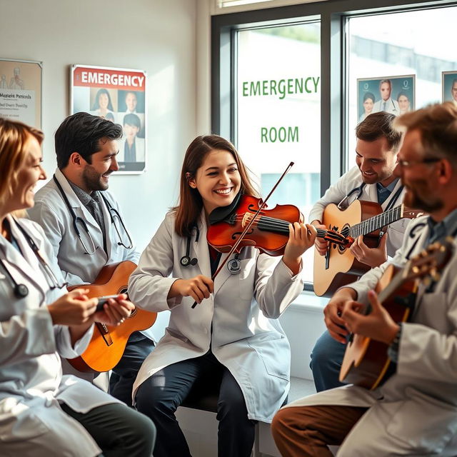 A lively scene featuring a group of emergency doctors enjoying their break in a doctor's rest room