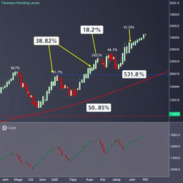 A professional trading chart focused on Fibonacci retracement levels applied to a dynamic stock price