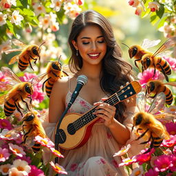 A beautiful female singer surrounded by a group of vibrant, fantastical bees, each playing a different unique musical instrument