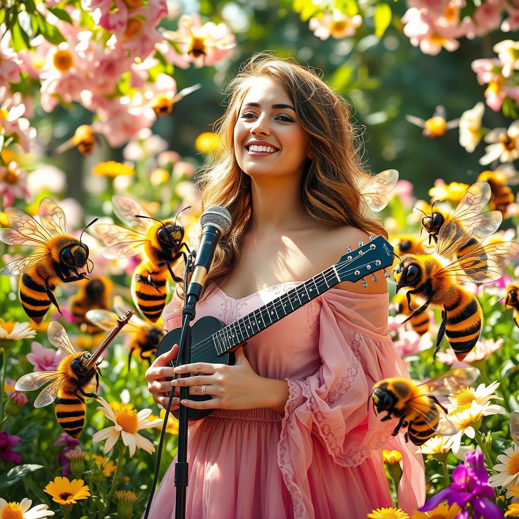 A beautiful female singer surrounded by a group of vibrant, fantastical bees, each playing a different unique musical instrument