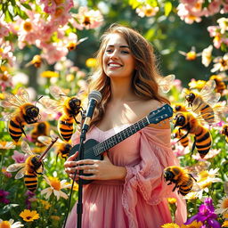 A beautiful female singer surrounded by a group of vibrant, fantastical bees, each playing a different unique musical instrument