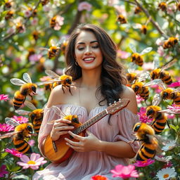 A beautiful female singer surrounded by a group of vibrant, fantastical bees, each playing a different unique musical instrument