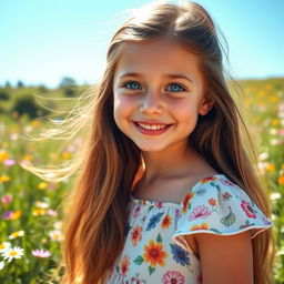 A beautiful girl with long flowing hair, bright blue eyes, and a radiant smile, wearing a stylish summer dress adorned with floral patterns