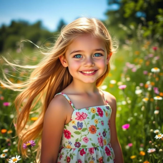 A beautiful girl with long flowing hair, bright blue eyes, and a radiant smile, wearing a stylish summer dress adorned with floral patterns