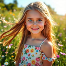 A beautiful girl with long flowing hair, bright blue eyes, and a radiant smile, wearing a stylish summer dress adorned with floral patterns