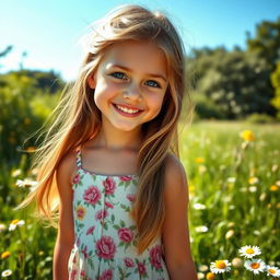 A beautiful girl with long flowing hair, bright blue eyes, and a radiant smile, wearing a stylish summer dress adorned with floral patterns
