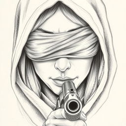 A detailed pencil drawing of a woman's face wearing a hood, with her eyes blindfolded