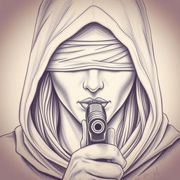 A detailed pencil drawing of a woman's face wearing a hood, with her eyes blindfolded