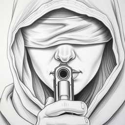 A detailed pencil drawing of a woman's face wearing a hood, with her eyes blindfolded