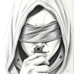 A detailed pencil drawing of a woman's face wearing a hood, with her eyes blindfolded
