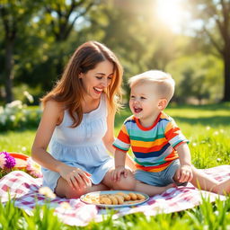 A heartwarming scene of a mother and her young son playing together in a sunny park