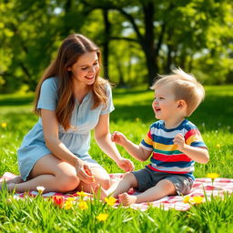 A heartwarming scene of a mother and her young son playing together in a sunny park