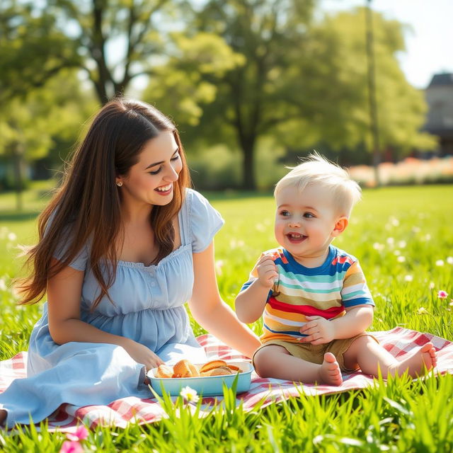 A heartwarming scene of a mother and her young son playing together in a sunny park