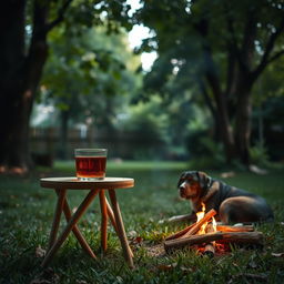 A cozy scene featuring a glass of tea placed on a small wooden table in a tranquil yard surrounded by lush trees