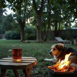 A cozy scene featuring a glass of tea placed on a small wooden table in a tranquil yard surrounded by lush trees