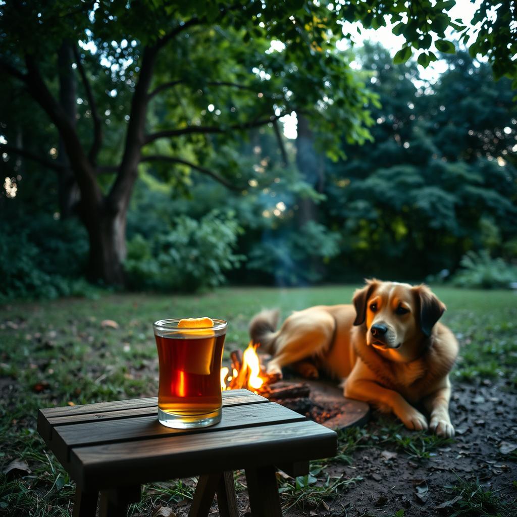 A cozy scene featuring a glass of tea placed on a small wooden table in a tranquil yard surrounded by lush trees