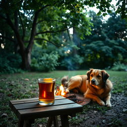 A cozy scene featuring a glass of tea placed on a small wooden table in a tranquil yard surrounded by lush trees