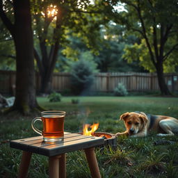 A cozy scene featuring a glass of tea placed on a small wooden table in a tranquil yard surrounded by lush trees