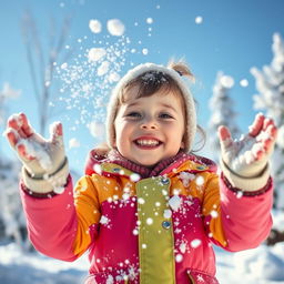 A child joyfully playing in the snow, with soft, fluffy snowflakes gently resting on their head