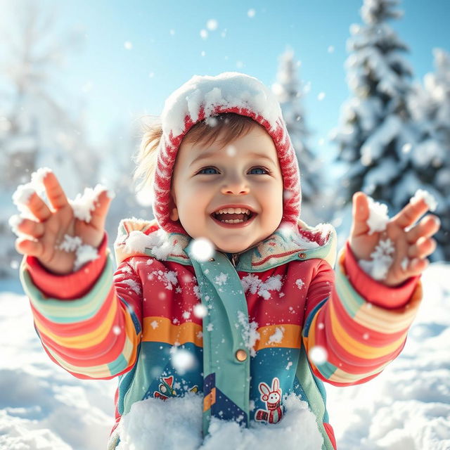 A child joyfully playing in the snow, with soft, fluffy snowflakes gently resting on their head