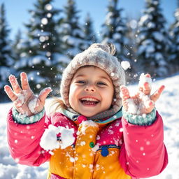 A child joyfully playing in the snow, with soft, fluffy snowflakes gently resting on their head