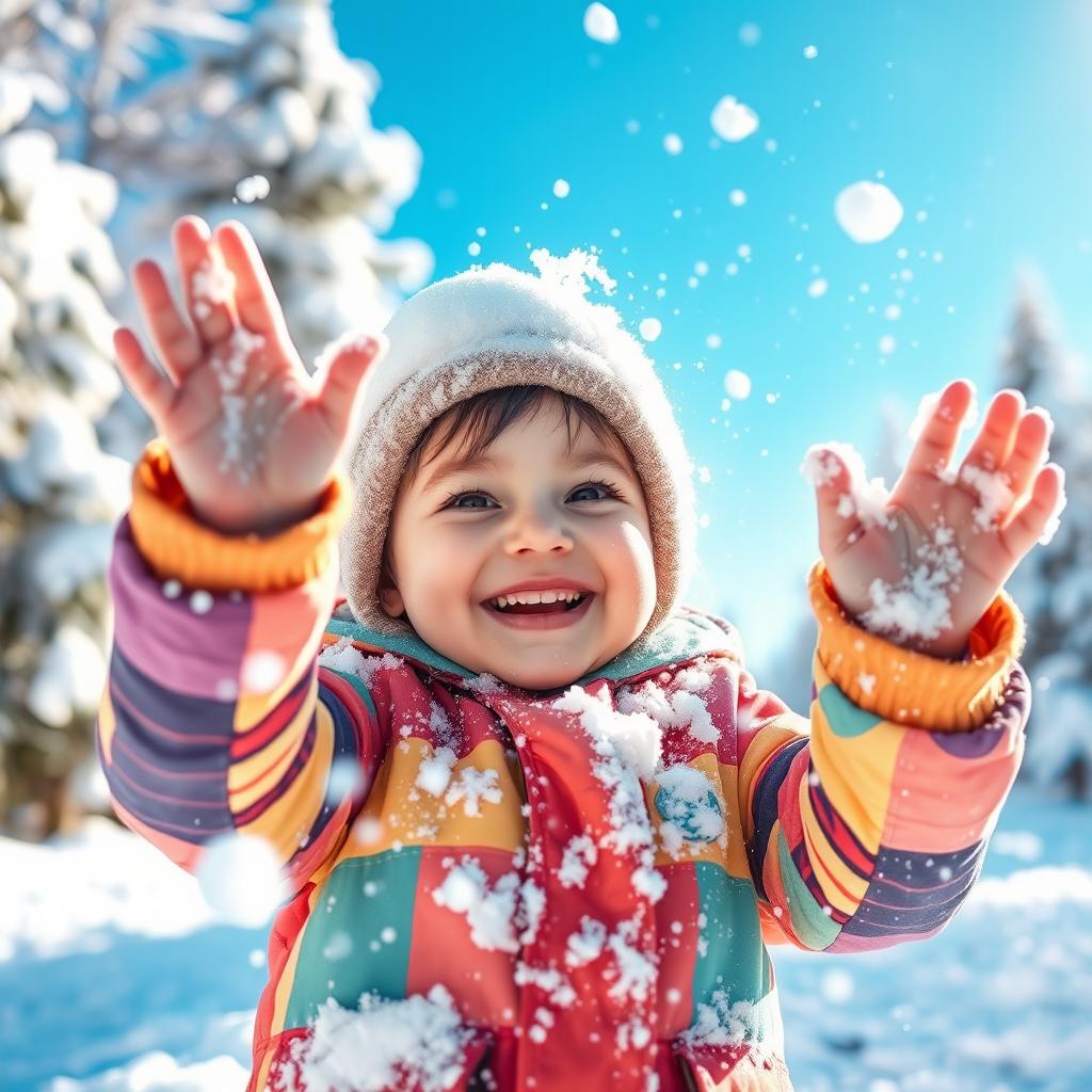 A child joyfully playing in the snow, with soft, fluffy snowflakes gently resting on their head