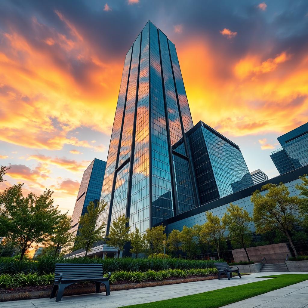 A stunning architectural photography scene showcasing a modern skyscraper with sleek glass facades reflecting the sky