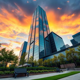 A stunning architectural photography scene showcasing a modern skyscraper with sleek glass facades reflecting the sky