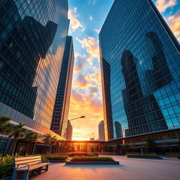 A stunning architectural photography scene showcasing a modern skyscraper with sleek glass facades reflecting the sky