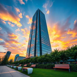 A stunning architectural photography scene showcasing a modern skyscraper with sleek glass facades reflecting the sky