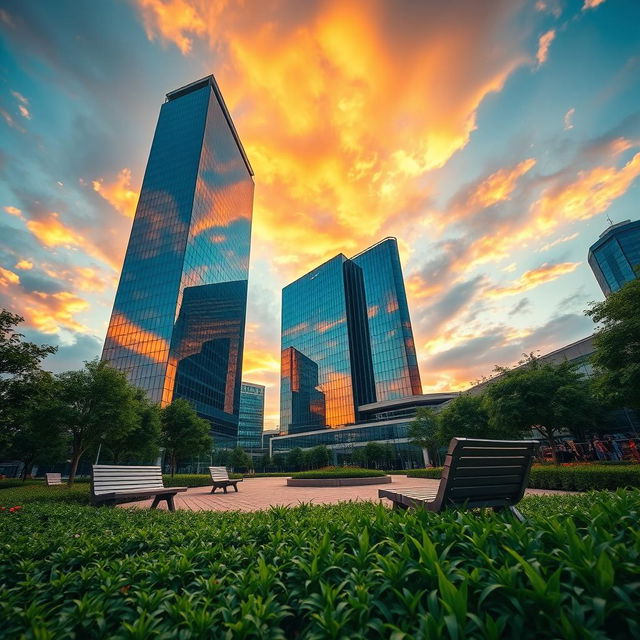 A stunning architectural photography scene showcasing a modern skyscraper with sleek glass facades reflecting the sky